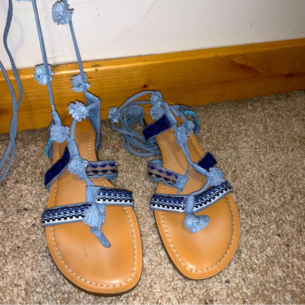 Blue Pom Pom Sandals